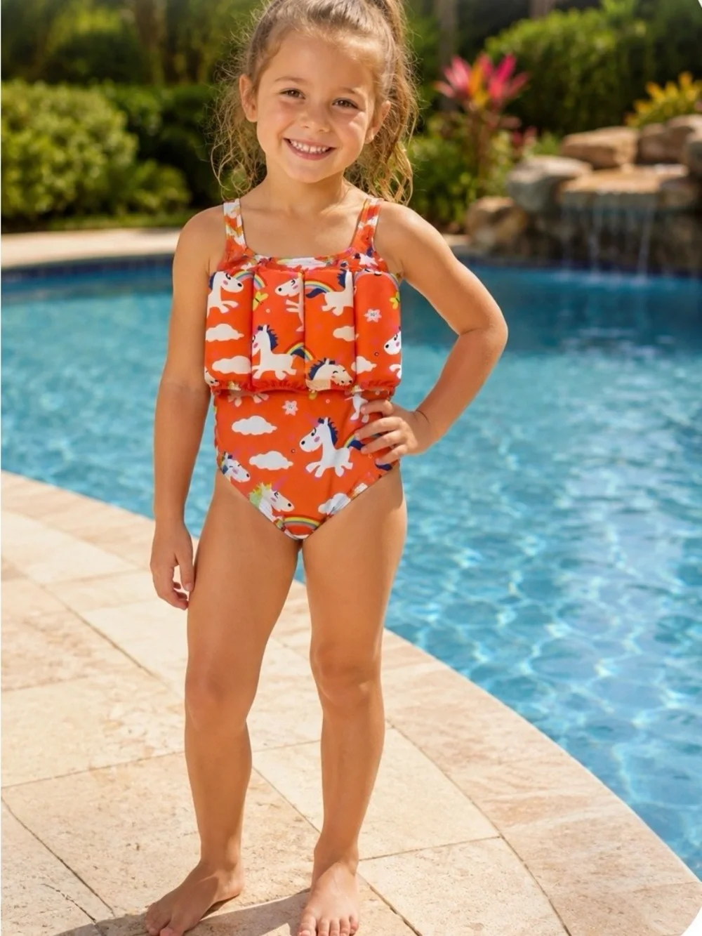 Girls Orange Unicorn Kids Swim Float Suit 6